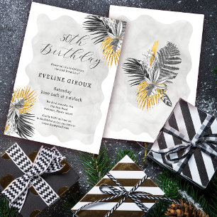 Invitation Palme tropicale Noir Blanc Or 50e anniversaire