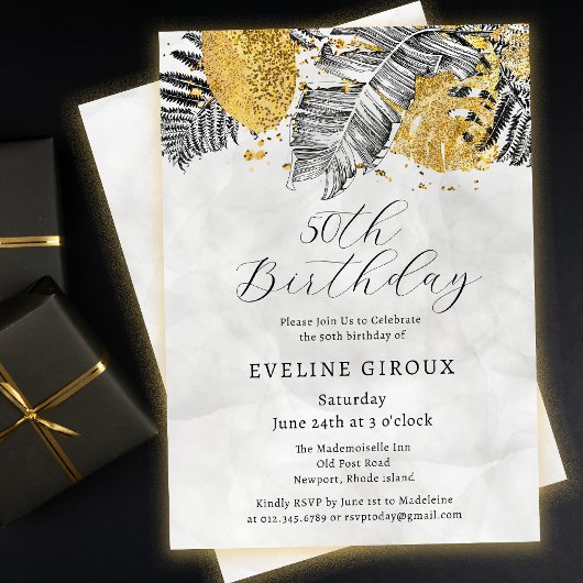 Invitation Palme tropicale Noir Blanc Or 50e anniversaire