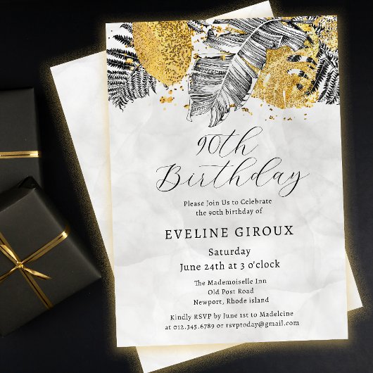 Invitation Palme tropicale Noir Blanc Or 90e anniversaire