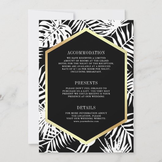 Invitation Palme Tropicale Noir Blanc Or tout en un Mariage (Dos)