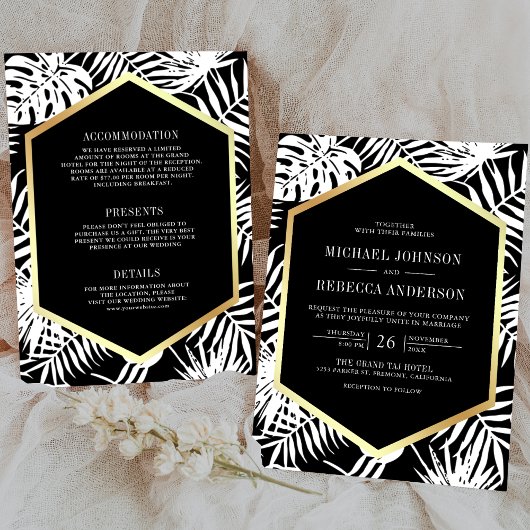 Invitation Palme Tropicale Noir Blanc Or tout en un Mariage