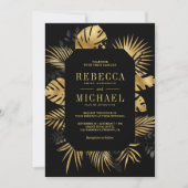Invitation Palme tropicale noire et or tout en un Mariage (Devant)