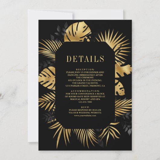 Invitation Palme tropicale noire et or tout en un Mariage (Dos)