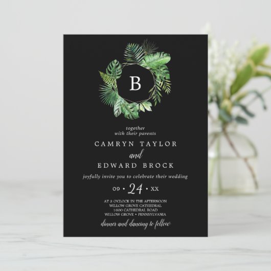 Invitation Palme tropicale sauvage | Mariage de monogramme no (Debout devant)