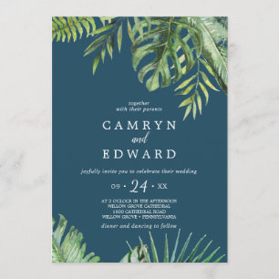 Invitation Palme tropicale sauvage   Mariage Décontracté bleu