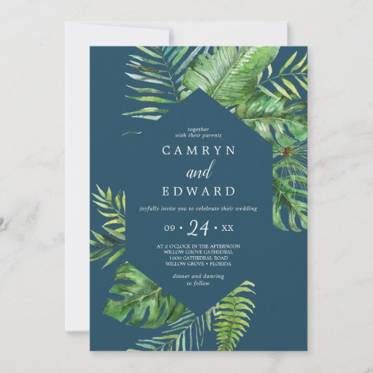 Invitation Palme tropicale sauvage | Mariage Décontracté de N (Devant)