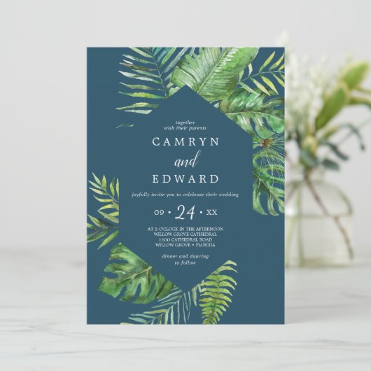 Invitation Palme tropicale sauvage | Mariage Décontracté de N (Debout devant)