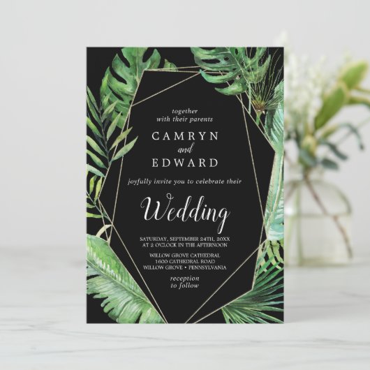Invitation Palme tropicale sauvage | Mariage géométrique noir (Debout devant)