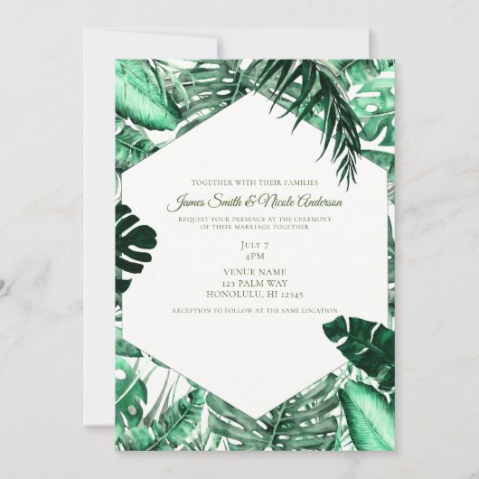 Invitation Palme Tropicale Vert foncé Feuille Mariage d'été (Devant)