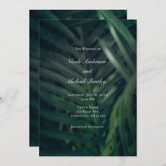 Invitation Palme Tropicale Vert foncé Feuilles Mariage élégan (Devant / Derrière)