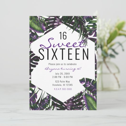 Invitation Palme tropicale violette et verte Feuille douce 16 (Debout devant)