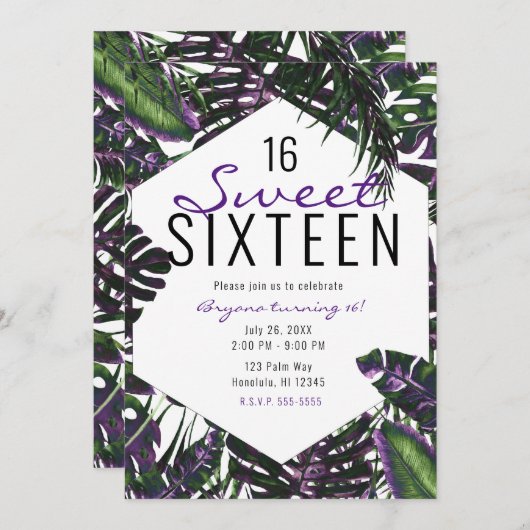Invitation Palme tropicale violette et verte Feuille douce 16 (Devant / Derrière)