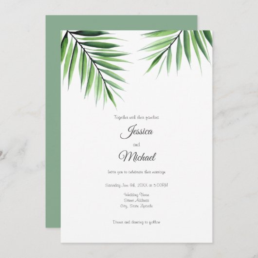 Invitation Palmes aquarelles (Devant / Derrière)