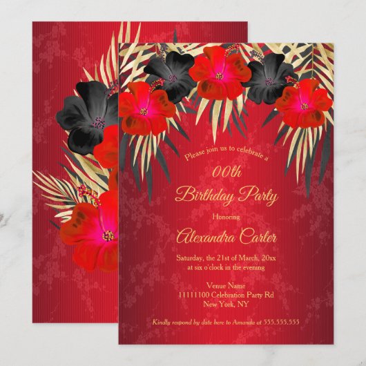 Invitation Palmes d'or noir rouge Hibiscus Damask Anniversair (Devant / Derrière)