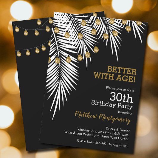 Invitation Palmes noires et d'or Fête d'anniversaire