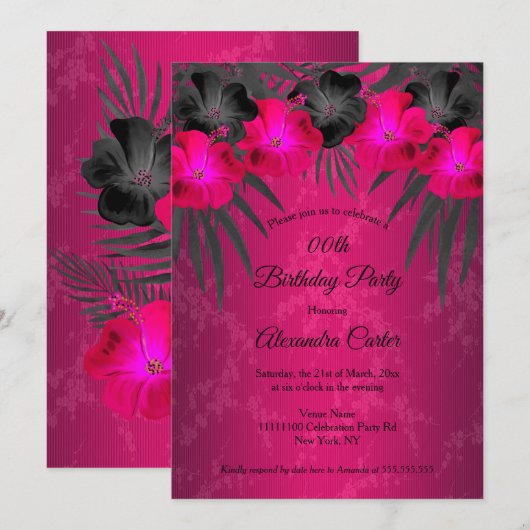Invitation Palmes noires roses Hibiscus Damask Anniversaire (Devant / Derrière)