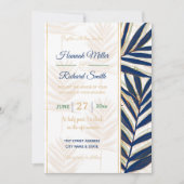 Invitation Palmier bleu moderne Feuille Gold Strots Blanc Des (Devant)