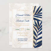 Invitation Palmier bleu moderne Feuille Gold Strots Blanc Des (Devant / Derrière)