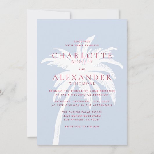 Invitation Palmier côtier moderne en Mariage bleu et rose (Devant)