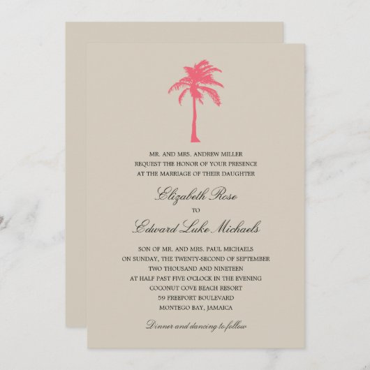 Invitation Palmier de corail | épousant (Devant / Derrière)
