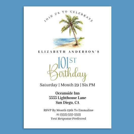 Invitation Palmier de la Plage 101e Anniversaire