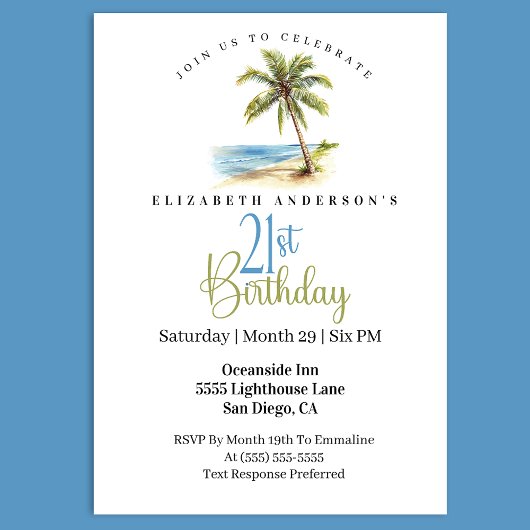 Invitation Palmier de la Plage 21e Anniversaire