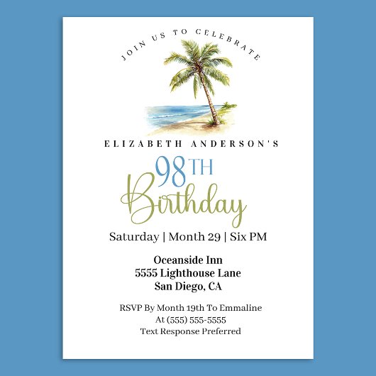 Invitation Palmier de la Plage 98e Anniversaire