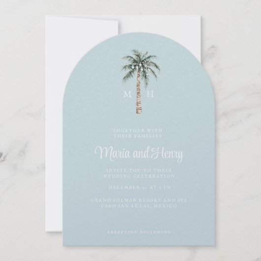 Invitation Palmier de Noël Plage Arché Monogramme de mariage (Devant)