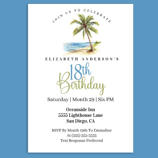 Invitation Palmier de Plage 18ème Anniversaire