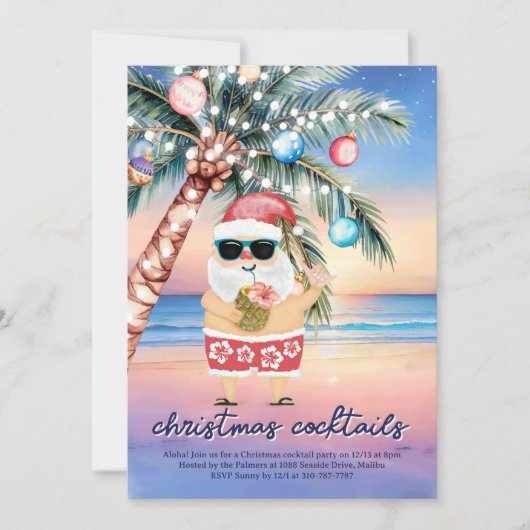 Invitation Palmier de plage tropical Père Noël Cocktails de N (Devant)
