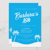 Invitation Palmier d'été de plage bleu Fille 16e anniversaire (Devant / Derrière)