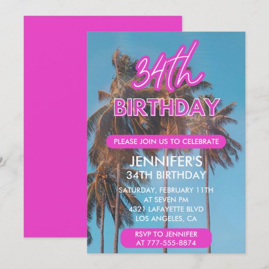 Invitation Palmier d'été Tropical Rose 34e anniversaire (Devant / Derrière)