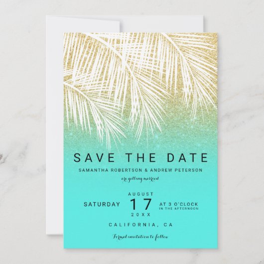 Invitation Palmier moderne or aqua enregistrer la date (Devant)