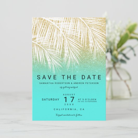 Invitation Palmier moderne or aqua enregistrer la date (Debout devant)