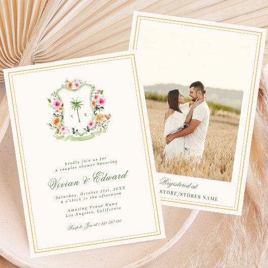 Invitation Palmier Monogramme Tropical Beach Couples Douche