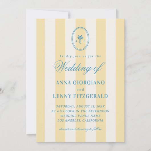 Invitation Palmier rayé Monogramme Plage classique Mariage (Devant)