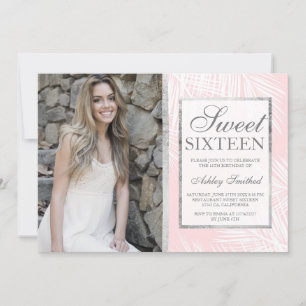 Invitation Palmier rose vermillon motif photo Sweet 16