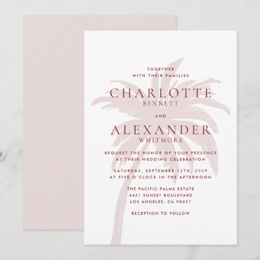 Invitation Palmier rose vierge avec Mariage de typographie ro (Devant / Derrière)
