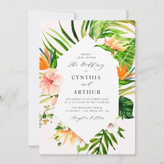 Invitation palmier tropical à fleurs feuille mariage à fleurs (Devant)