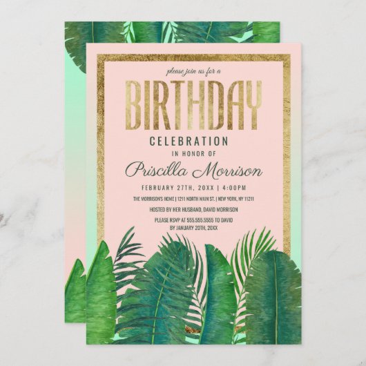 Invitation Palmier Tropical Banana Leaf Gold Anniversaire (Devant / Derrière)