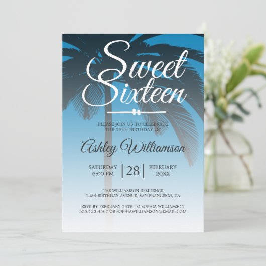 Invitation Palmier tropical bleu doux 16 16e anniversaire (Debout devant)