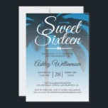 Invitation Palmier tropical bleu doux 16 16e anniversaire<br><div class="desc">Un design moderne tropical moderne bleu foncé Sweet invitation 16 ans avec un arrière - plan de palmier. Le bleu vif d'Ibiza se détache sur un arrière - plan blanc. Le texte "Sweet sixteen" en blanc est défini dans un script moderne. Elégante invitation à la fête du 16ème anniversaire pour...</div>