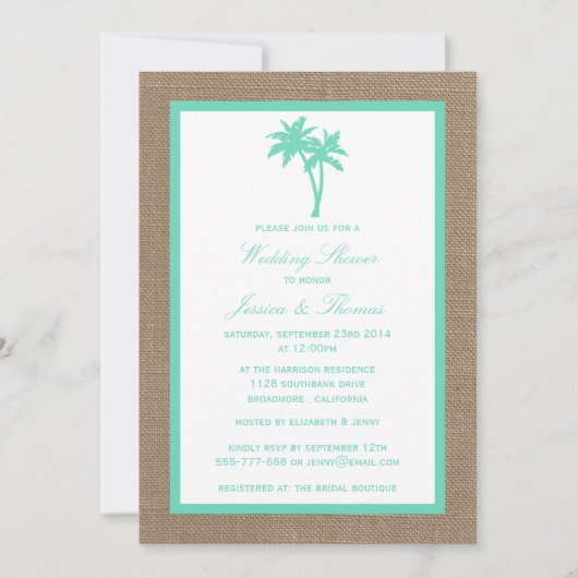 Invitation Palmier tropical Burlap Beach Mariage Douche (Devant)