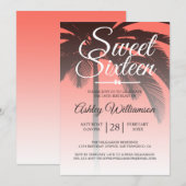 Invitation Palmier tropical Corail Sweet 16 16e anniversaire (Devant / Derrière)