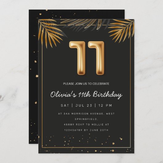 Invitation Palmier tropical d'or Feuille 11e anniversaire (Devant / Derrière)