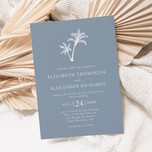 Invitation Palmier tropical Dusty Blue Beach Wedding