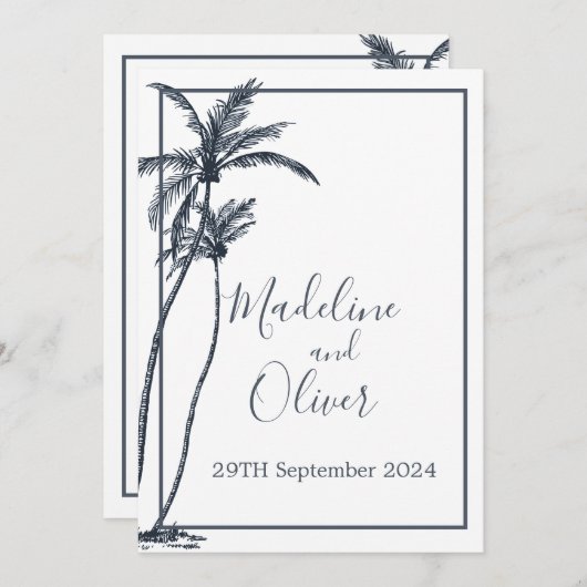Invitation Palmier tropical Elégant Mariage bleu blanc (Devant / Derrière)
