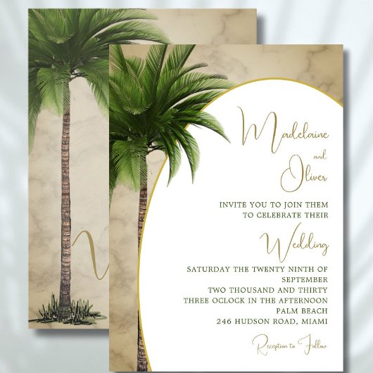 Invitation Palmier tropical Élégant Mariage or en marbre