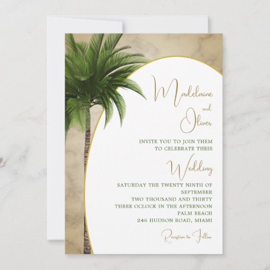 Invitation Palmier tropical Élégant Mariage or en marbre (Dos)