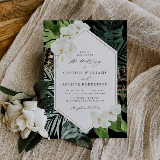 Invitation palmier tropical feuille blanc mariage